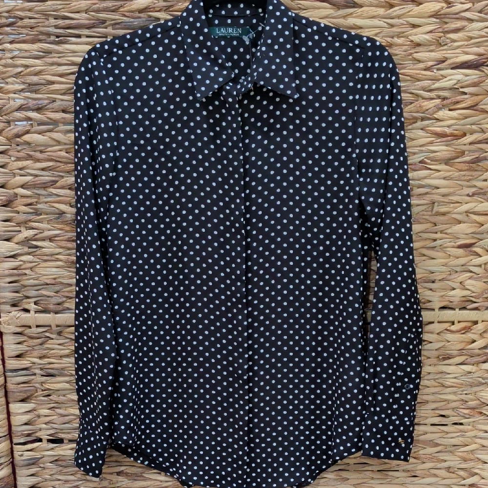 NWT Lauren Ralph Lauren Black And White Polka Dot Long Sleeved Blouse Size XS